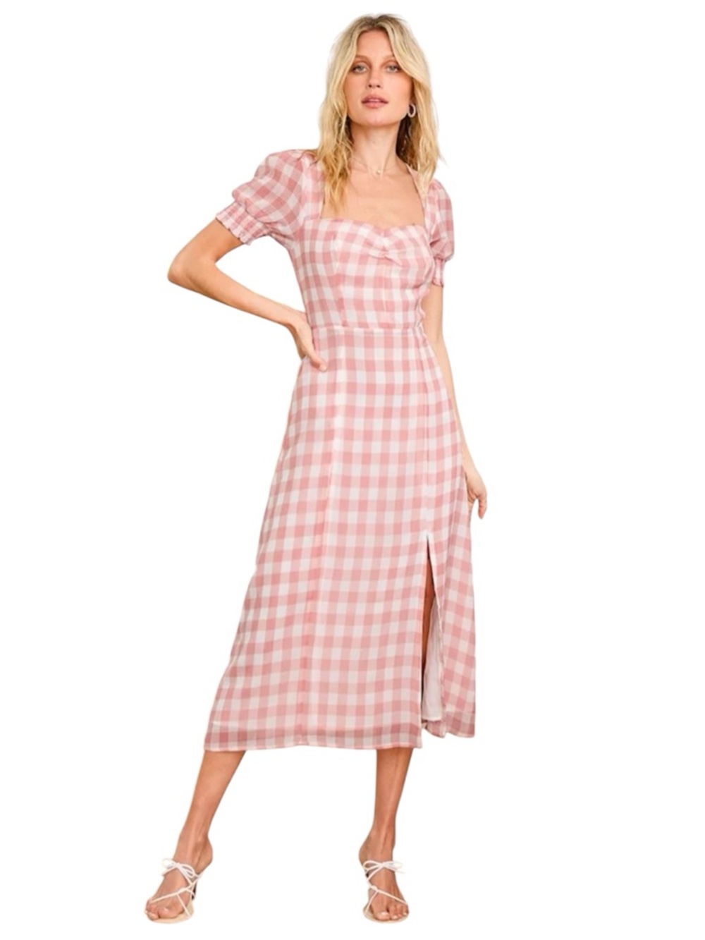 LuLus Soft Side of Love Peach Gingham Puff Sleeve Midi Dress - large